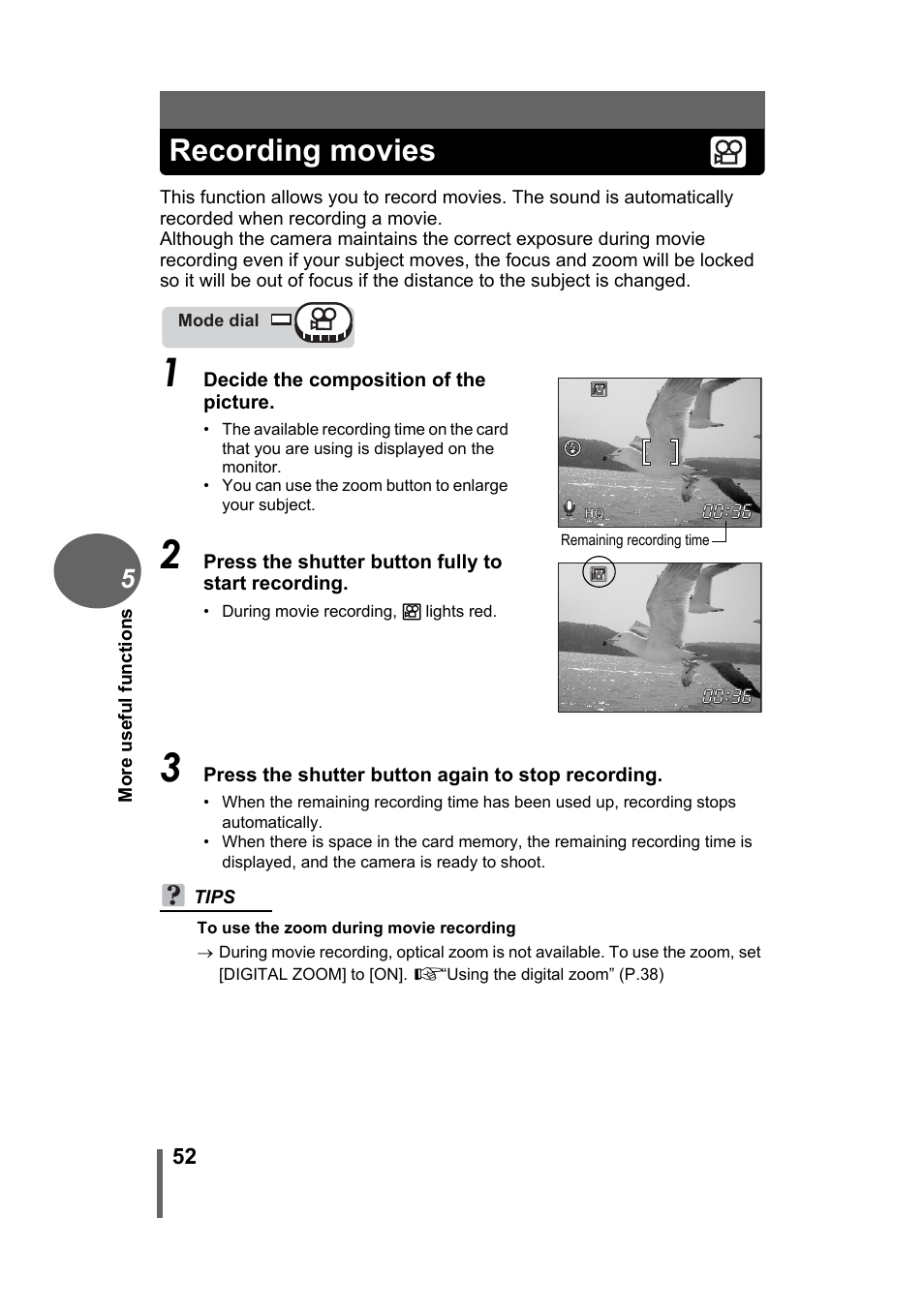 Recording movies | Olympus Stylus 500 Digital User Manual | Page 52 / 170