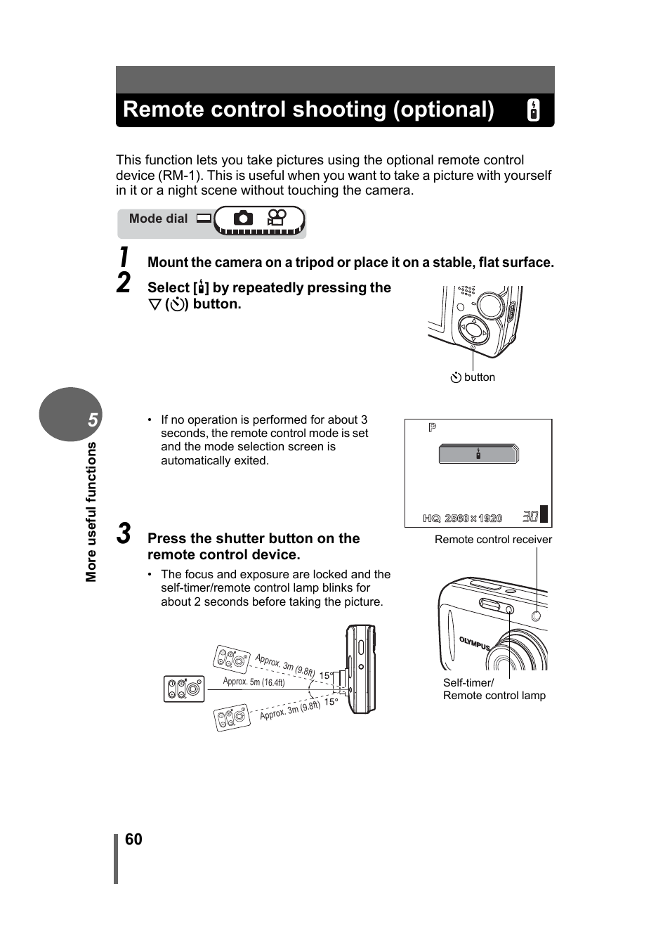 Remote control shooting (optional), Shooting (optional)” (p.60) | Olympus Stylus 500 Digital User Manual | Page 60 / 170