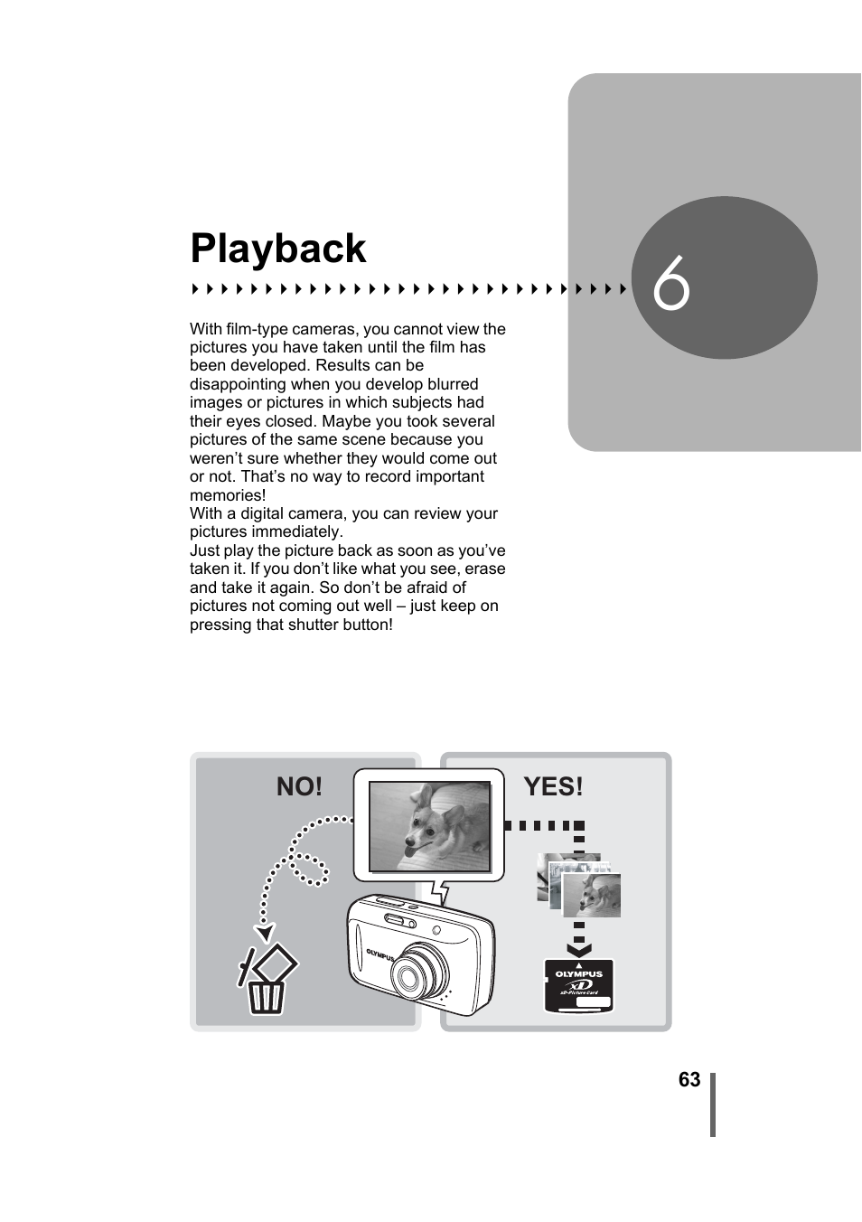 6 playback, Playback, P.63 | 6 playback” (p.63) | Olympus Stylus 500 Digital User Manual | Page 63 / 170