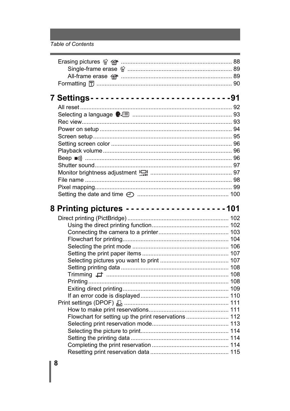7 settings, 8 printing pictures | Olympus Stylus 500 Digital User Manual | Page 8 / 170