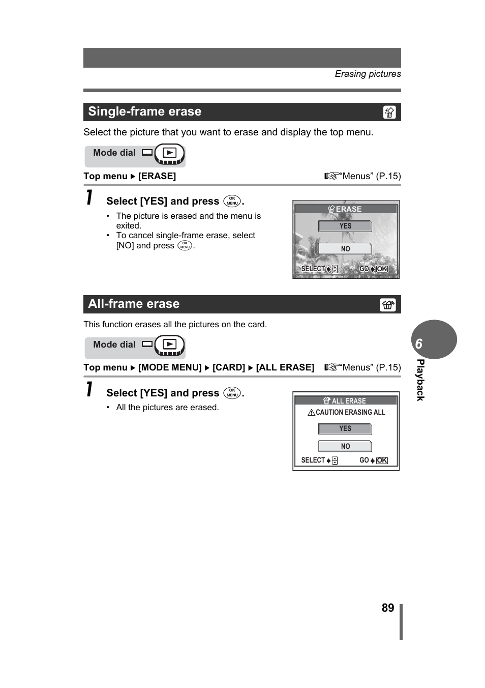 Single-frame erase, All-frame erase, Gp.89 | Single-frame erase all-frame erase | Olympus Stylus 500 Digital User Manual | Page 89 / 170