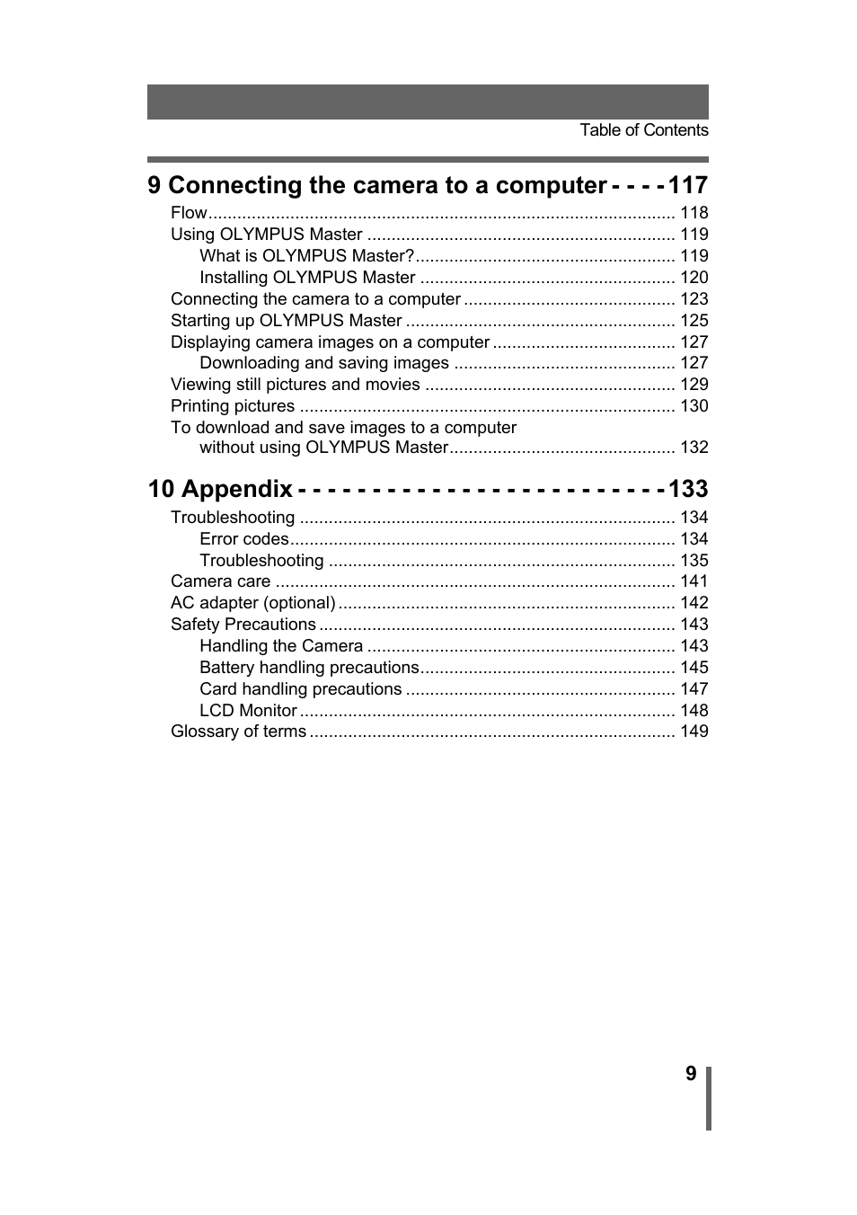 9 connecting the camera to a computer, 10 appendix | Olympus Stylus 500 Digital User Manual | Page 9 / 170