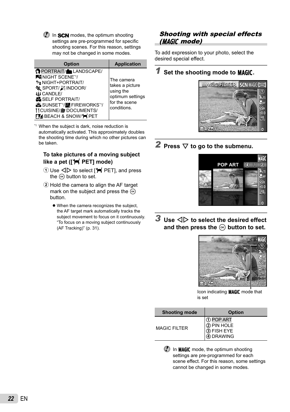 22 en, Shooting with special effects (p mode), Set the shooting mode to p | Press g to go to the submenu | Olympus STYLUS-5010 User Manual | Page 22 / 74