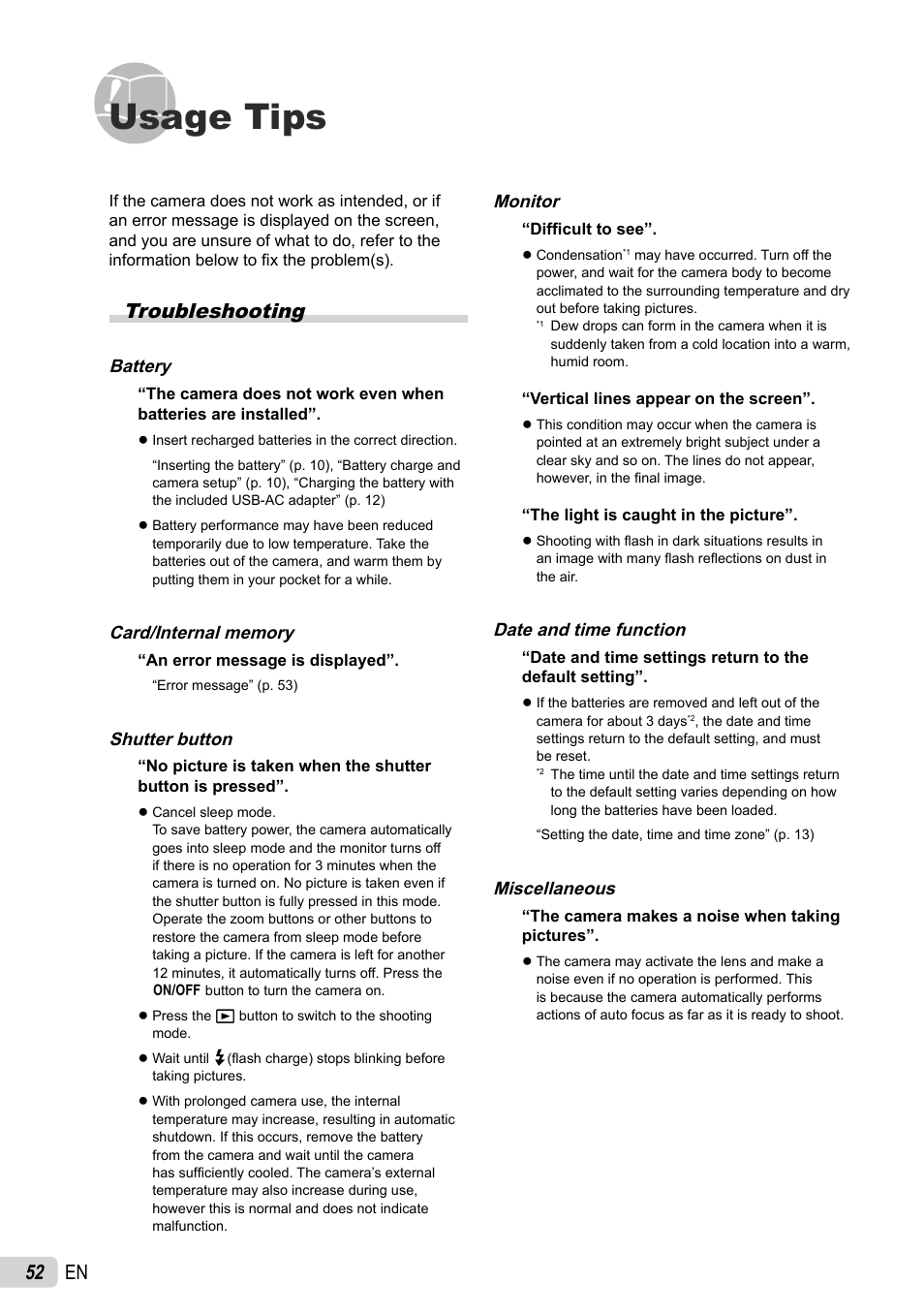 Usage tips, 52 en, Troubleshooting | Olympus STYLUS-5010 User Manual | Page 52 / 74