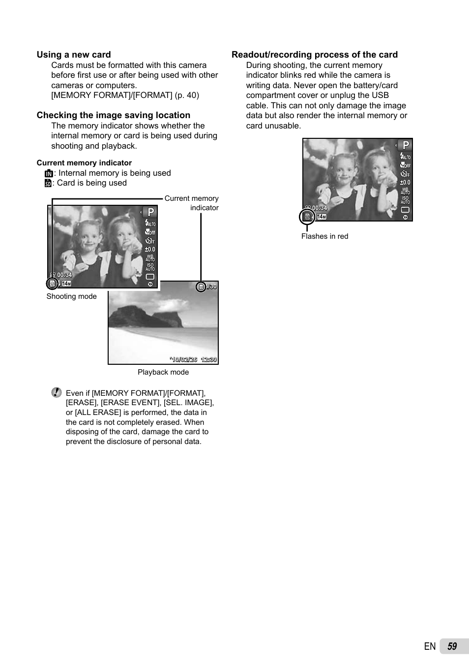 59 en, Using a new card, Checking the image saving location | Readout/recording process of the card | Olympus STYLUS-5010 User Manual | Page 59 / 74