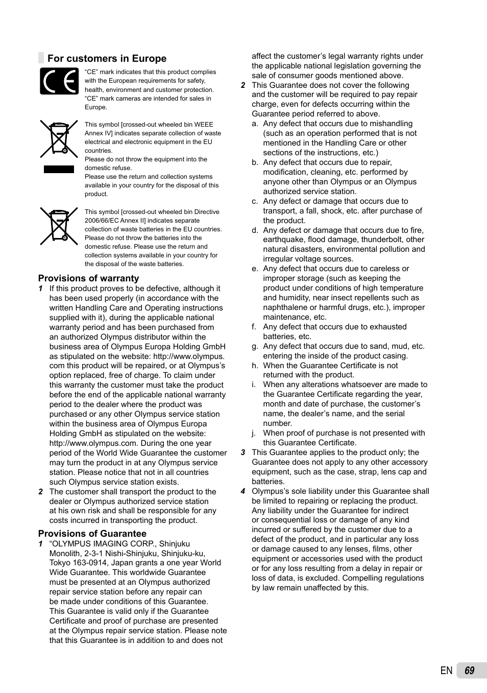 69 en, For customers in europe | Olympus STYLUS-5010 User Manual | Page 69 / 74