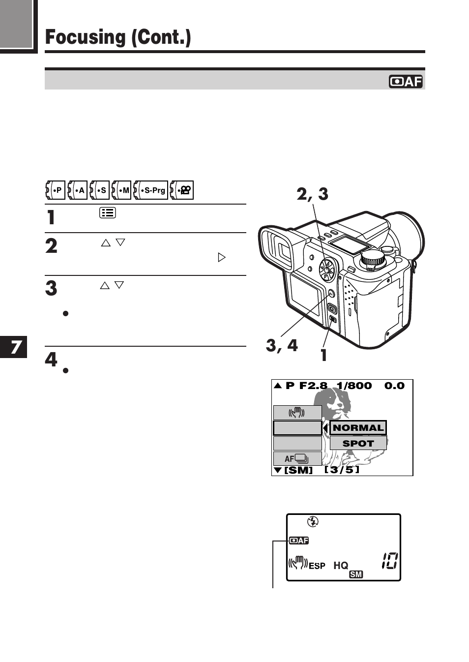 Focusing (cont.), Changing the focus range—af mode | Olympus E-100 RS User Manual | Page 122 / 220