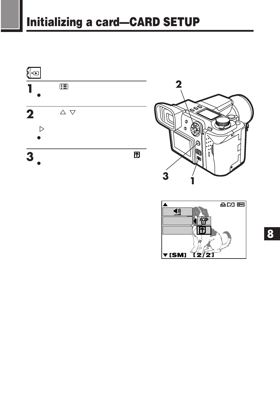 Initializing a card—card setup | Olympus E-100 RS User Manual | Page 155 / 220