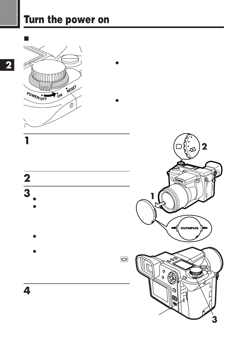 Turn the power on | Olympus E-100 RS User Manual | Page 60 / 220