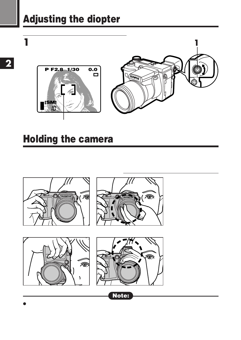 Holding the camera, Adjusting the diopter | Olympus E-100 RS User Manual | Page 66 / 220