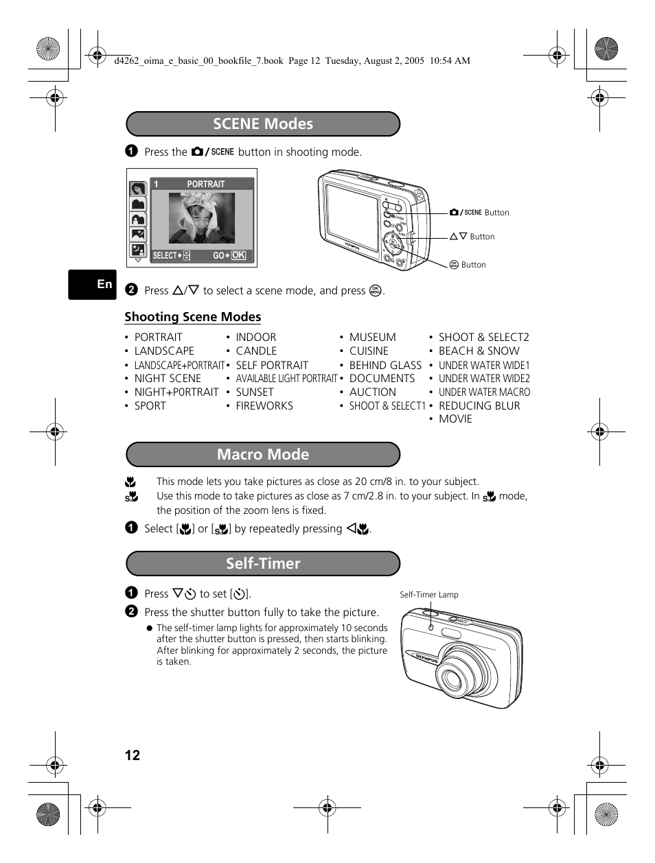 Scene modes, Macro mode self-timer | Olympus Stylus 600 Digital User Manual | Page 12 / 84