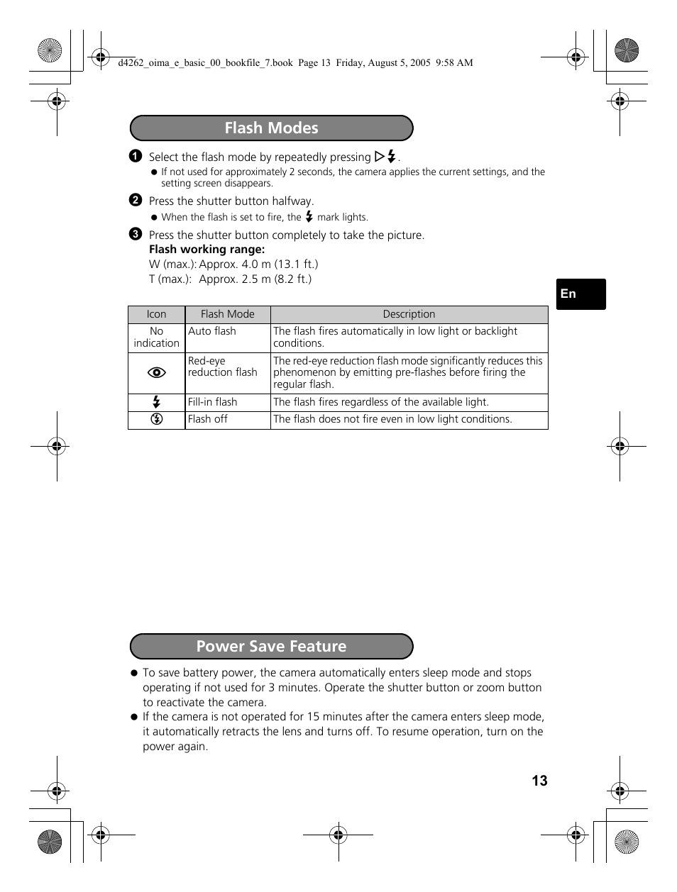 Flash modes power save feature | Olympus Stylus 600 Digital User Manual | Page 13 / 84