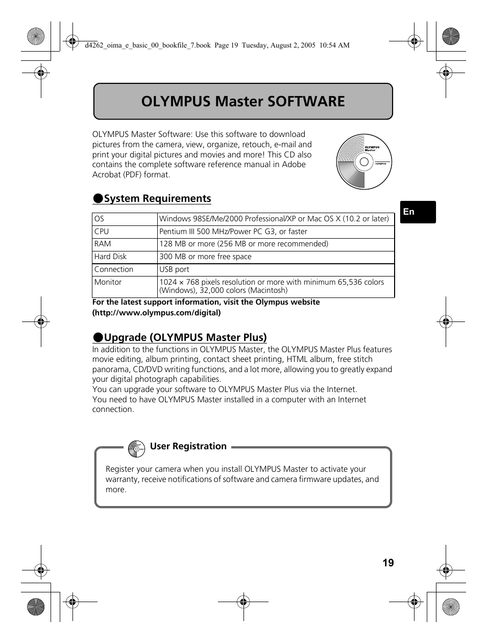 Olympus master software, System requirements, Upgrade (olympus master plus) | Olympus Stylus 600 Digital User Manual | Page 19 / 84