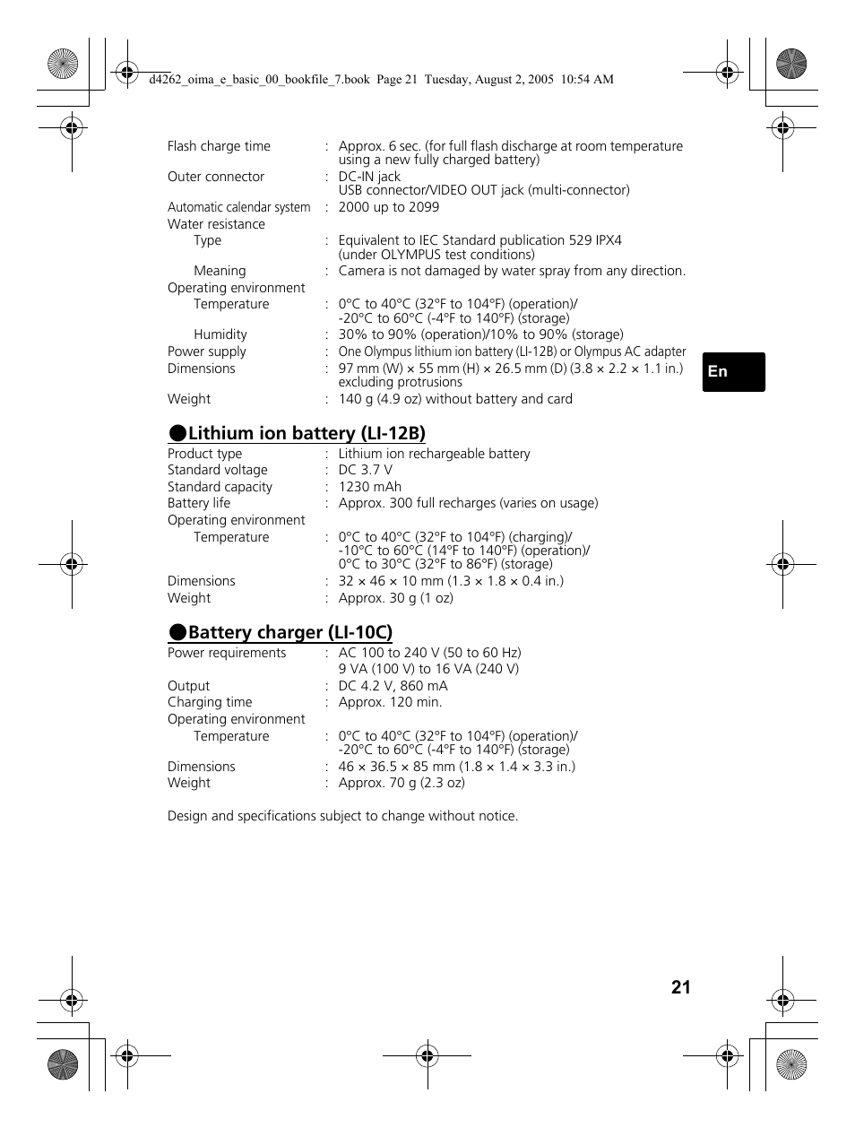 Lithium ion battery (li-12b), Battery charger (li-10c) | Olympus Stylus 600 Digital User Manual | Page 21 / 84