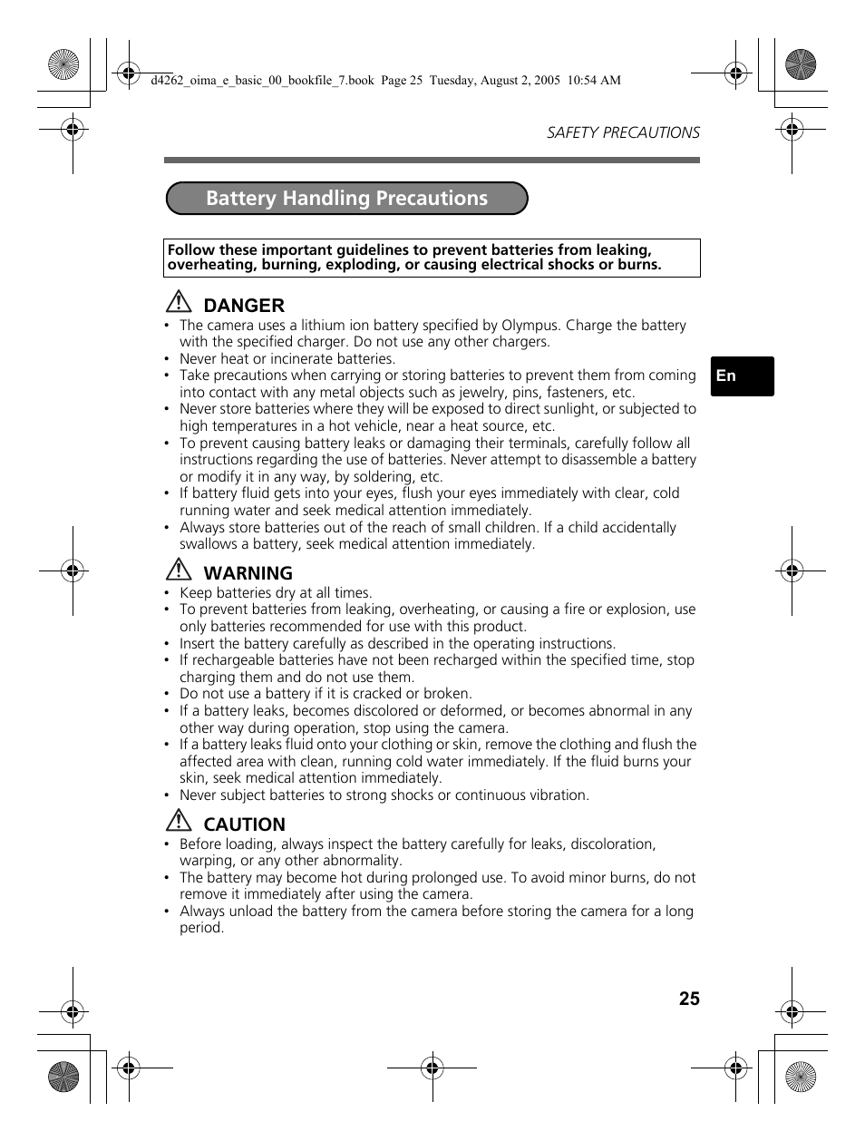 Battery handling precautions | Olympus Stylus 600 Digital User Manual | Page 25 / 84