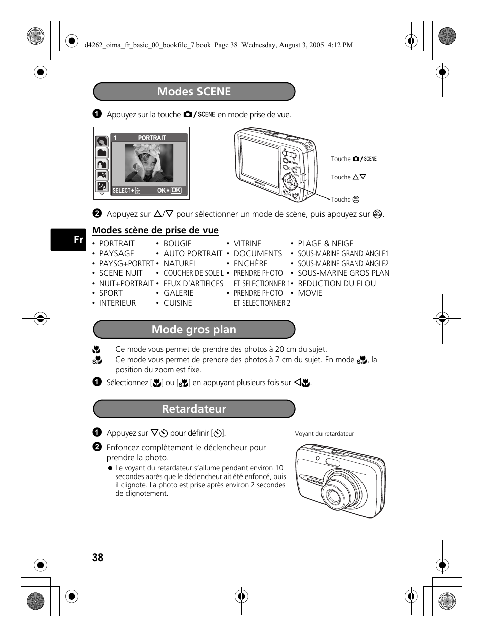 Modes scene, Mode gros plan retardateur | Olympus Stylus 600 Digital User Manual | Page 38 / 84