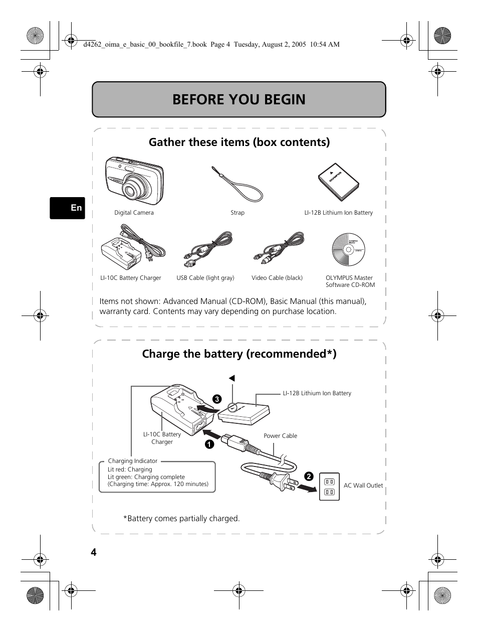 Before you begin, Gather these items (box contents), Charge the battery (recommended*) | Olympus Stylus 600 Digital User Manual | Page 4 / 84