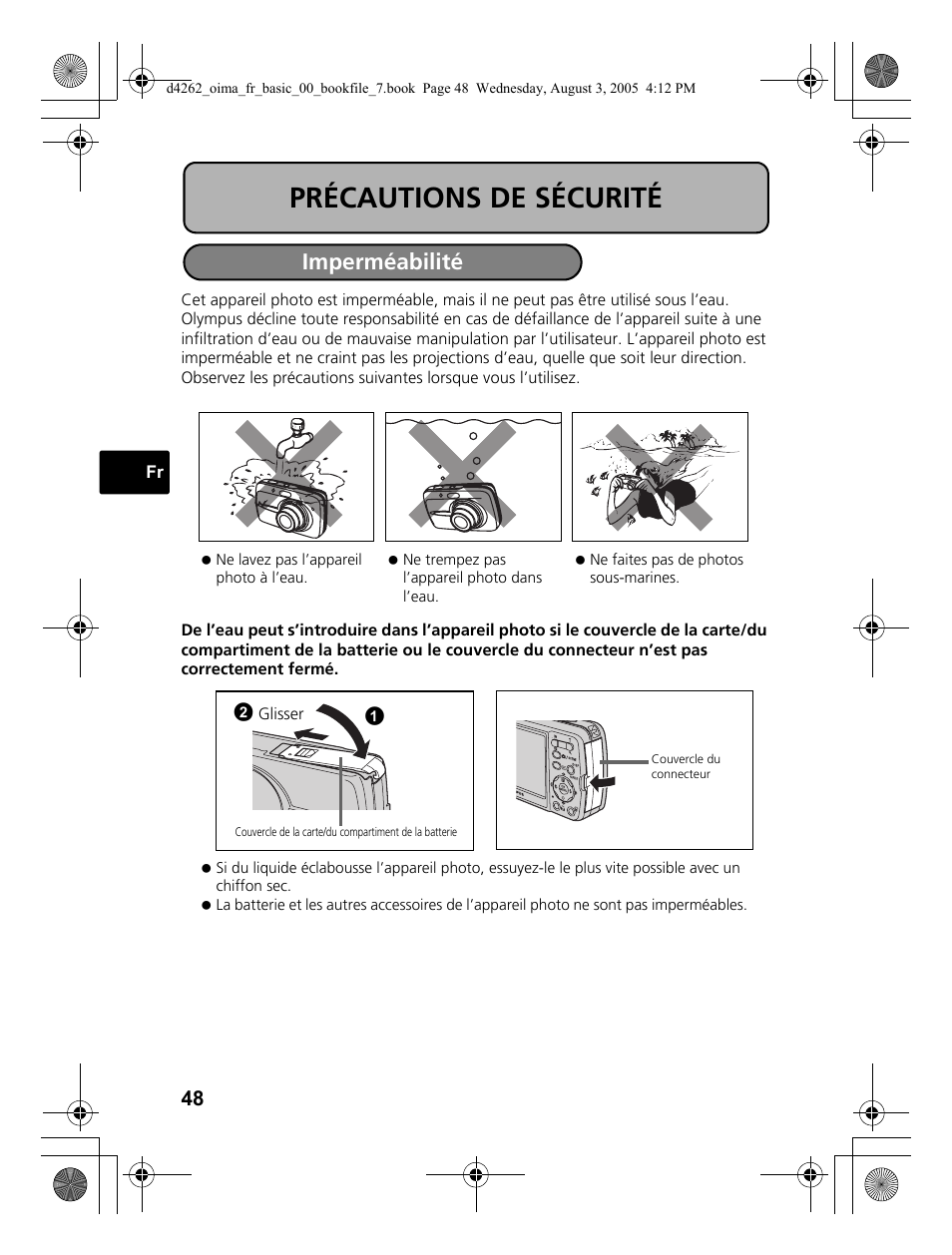 Précautions de sécurité, Imperméabilité | Olympus Stylus 600 Digital User Manual | Page 48 / 84