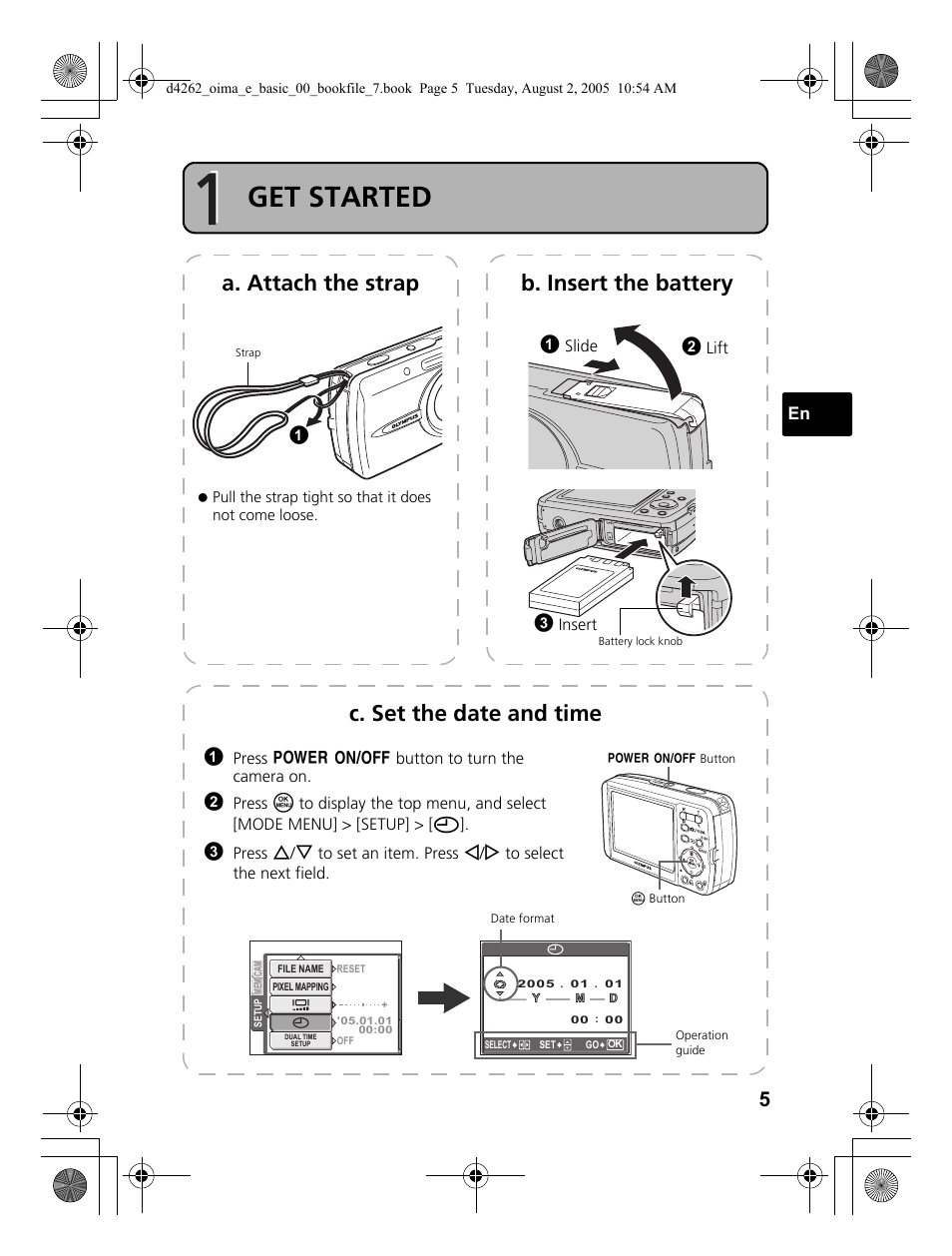 Get started, A. attach the strap b. insert the battery, C. set the date and time | Olympus Stylus 600 Digital User Manual | Page 5 / 84