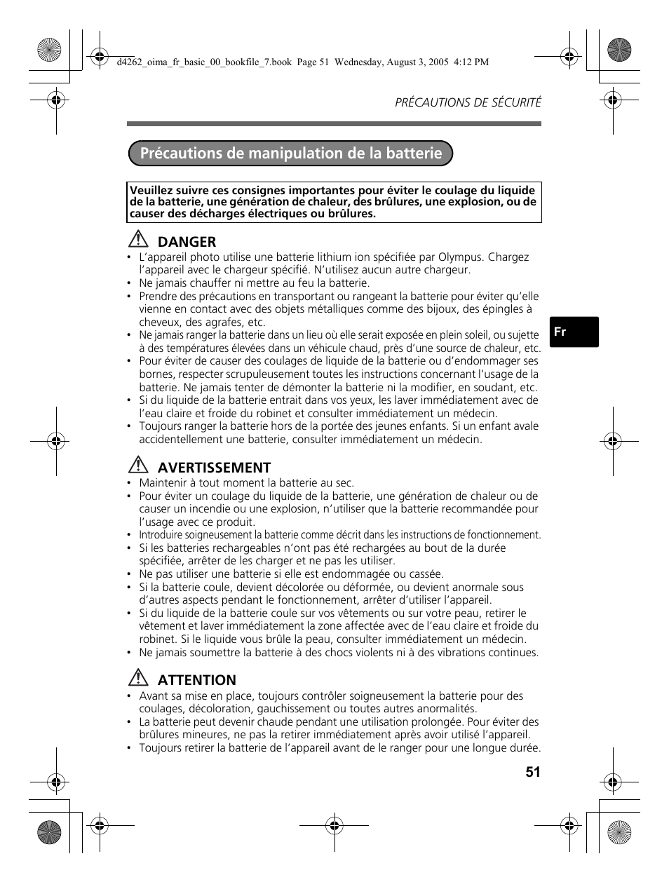 Précautions de manipulation de la batterie | Olympus Stylus 600 Digital User Manual | Page 51 / 84