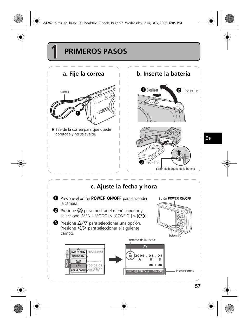 Primeros pasos, A. fije la correa b. inserte la batería, C. ajuste la fecha y hora | Olympus Stylus 600 Digital User Manual | Page 57 / 84