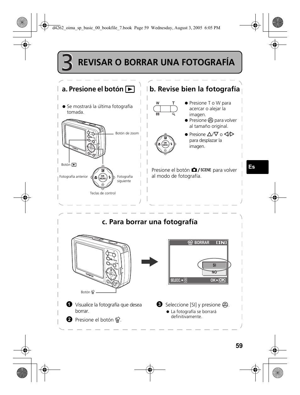 Revisar o borrar una fotografía, C. para borrar una fotografía | Olympus Stylus 600 Digital User Manual | Page 59 / 84