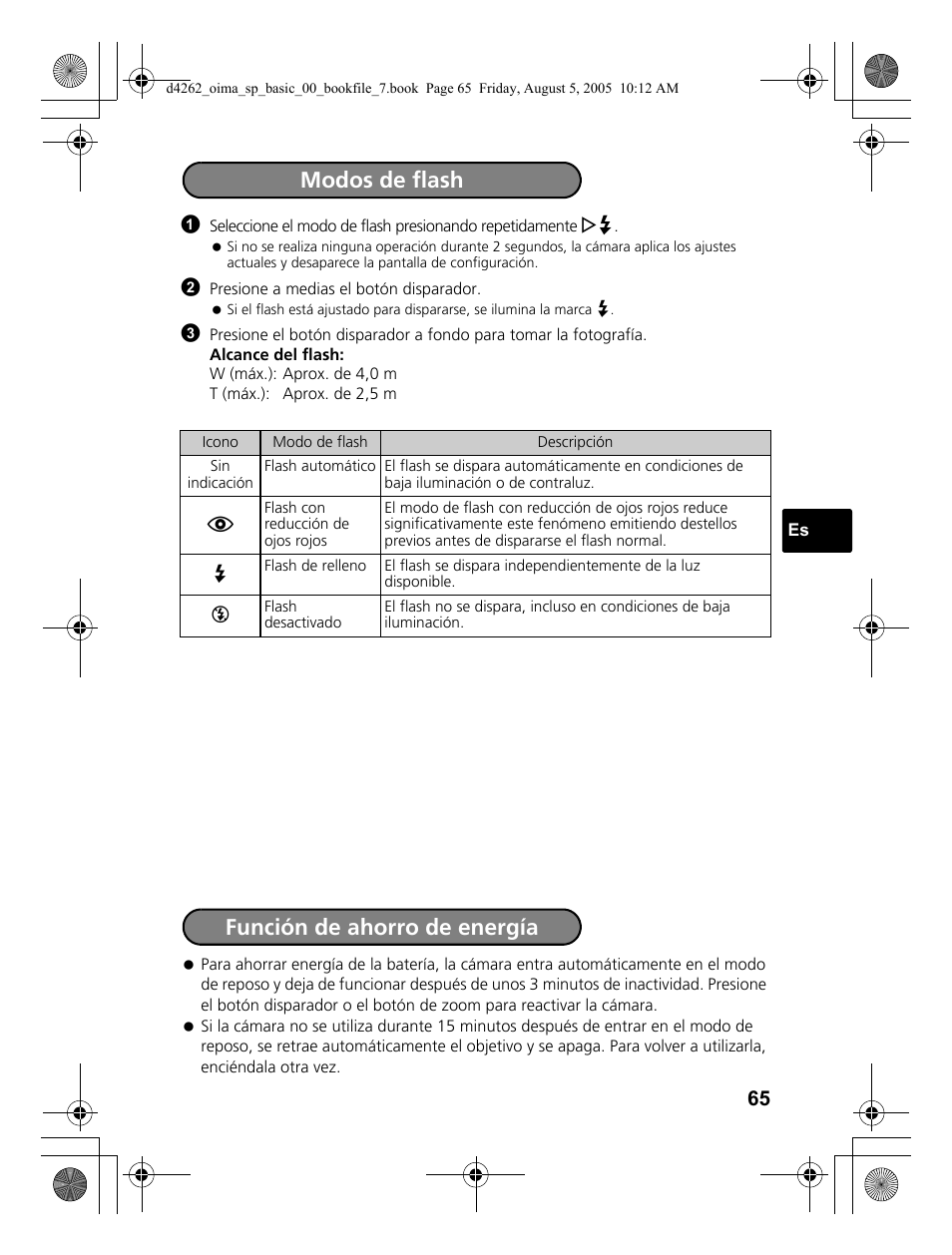 Modos de flash función de ahorro de energía | Olympus Stylus 600 Digital User Manual | Page 65 / 84