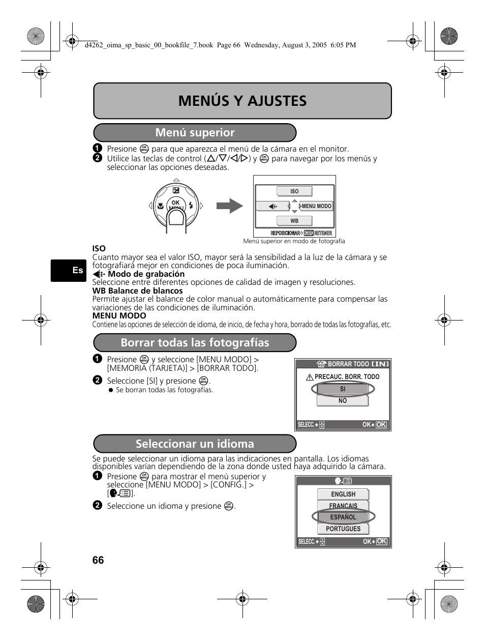 Menús y ajustes, Menú superior, Borrar todas las fotografías | Seleccionar un idioma | Olympus Stylus 600 Digital User Manual | Page 66 / 84