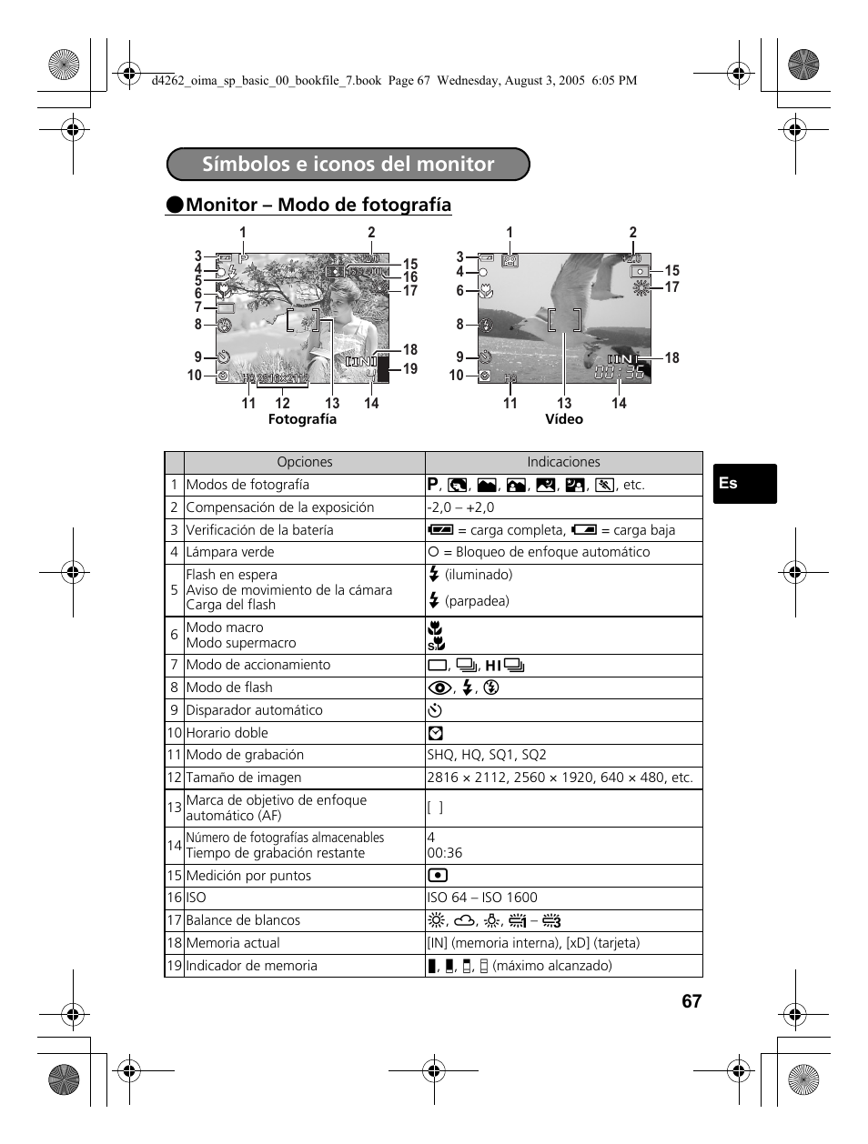 Símbolos e iconos del monitor, Monitor – modo de fotografía | Olympus Stylus 600 Digital User Manual | Page 67 / 84