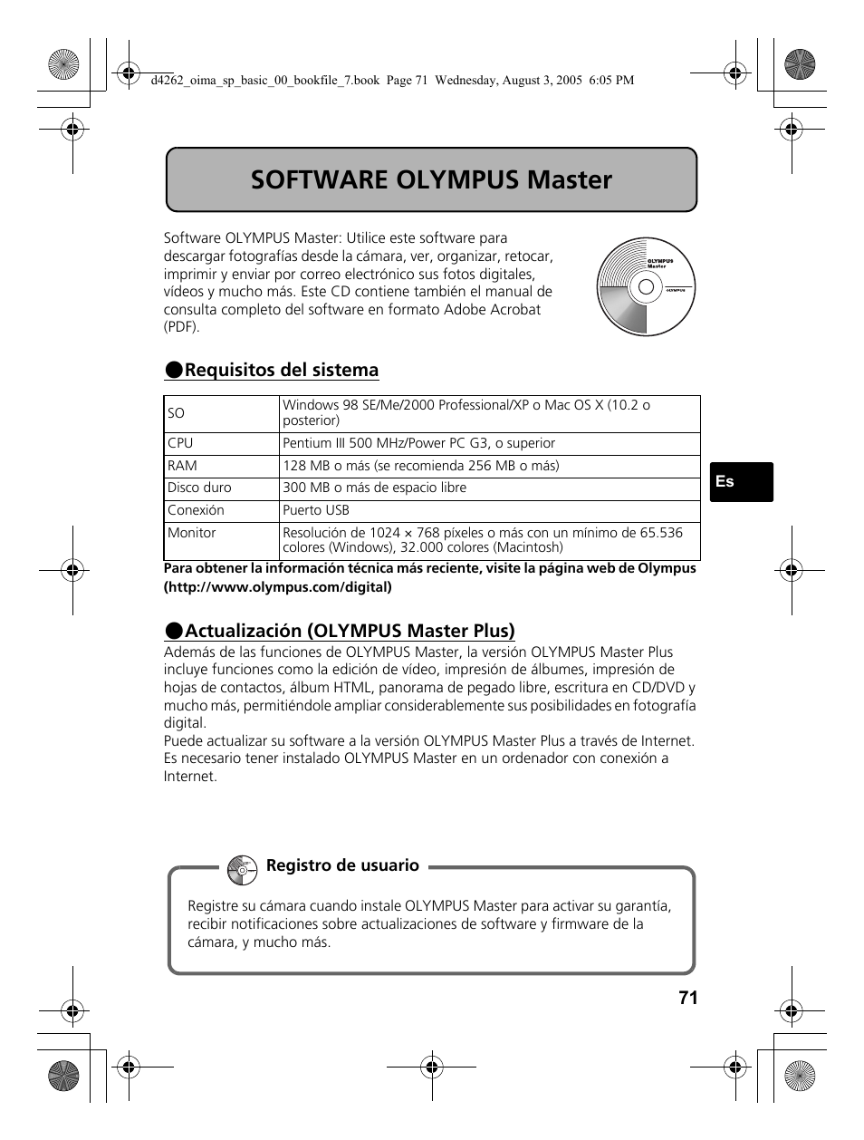 Software olympus master, Requisitos del sistema, Actualización (olympus master plus) | Olympus Stylus 600 Digital User Manual | Page 71 / 84
