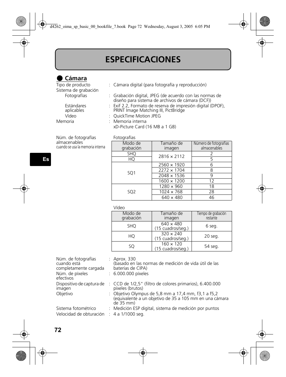 Especificaciones, Cámara | Olympus Stylus 600 Digital User Manual | Page 72 / 84