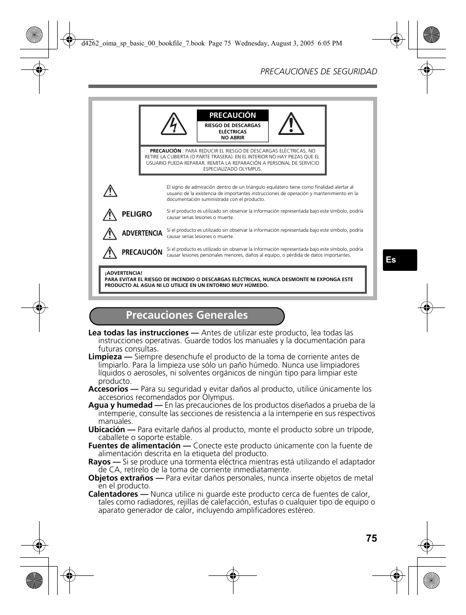 Precauciones generales | Olympus Stylus 600 Digital User Manual | Page 75 / 84
