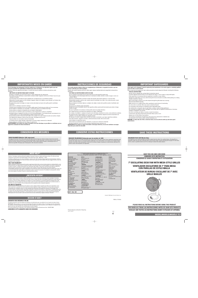 Important safeguards save these instructions, Importantes mises en garde conserver ces mesures | Applica Stand Fan User Manual | Page 2 / 2