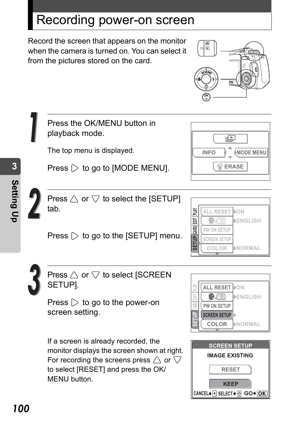 Recording power-on screen, Set ting up, Press the ok/menu button in playback mode | Olympus Stylus Verve User Manual | Page 100 / 192