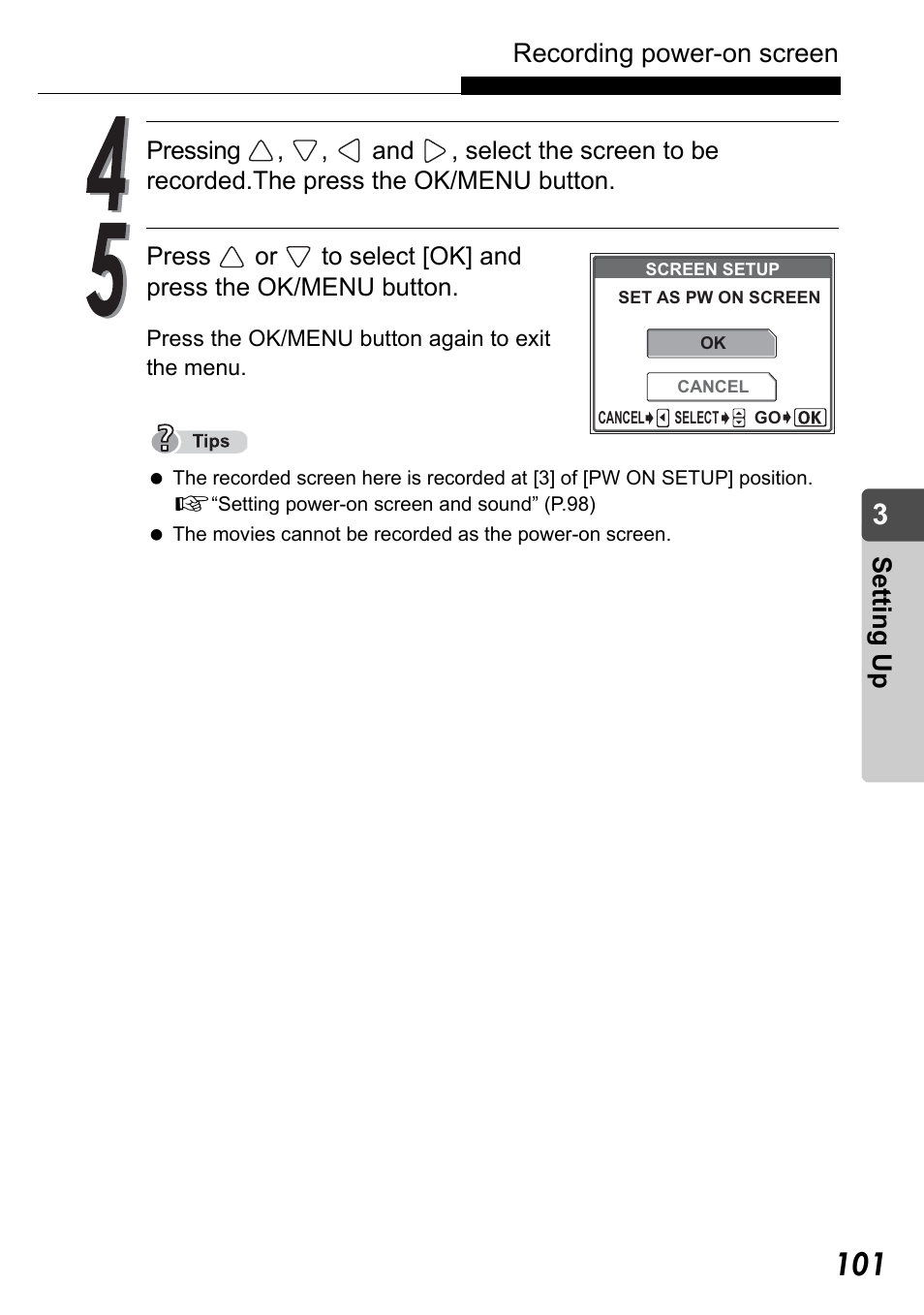 Recording power-on screen, Set ting up | Olympus Stylus Verve User Manual | Page 101 / 192