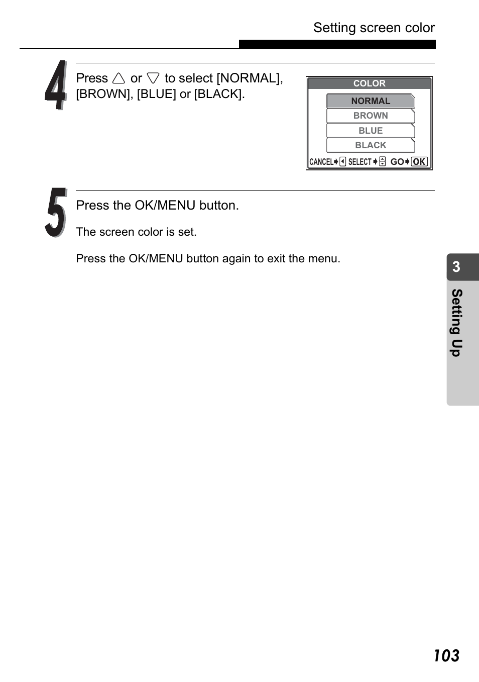 Setting screen color, Set ting up | Olympus Stylus Verve User Manual | Page 103 / 192