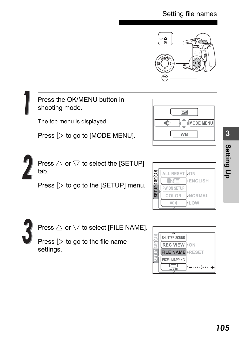 Setting file names, Set ting up, Ress the ok/menu button in shooting mode | Olympus Stylus Verve User Manual | Page 105 / 192