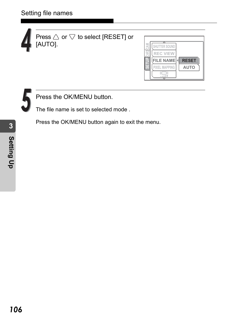 Setting file names, Set ting up | Olympus Stylus Verve User Manual | Page 106 / 192