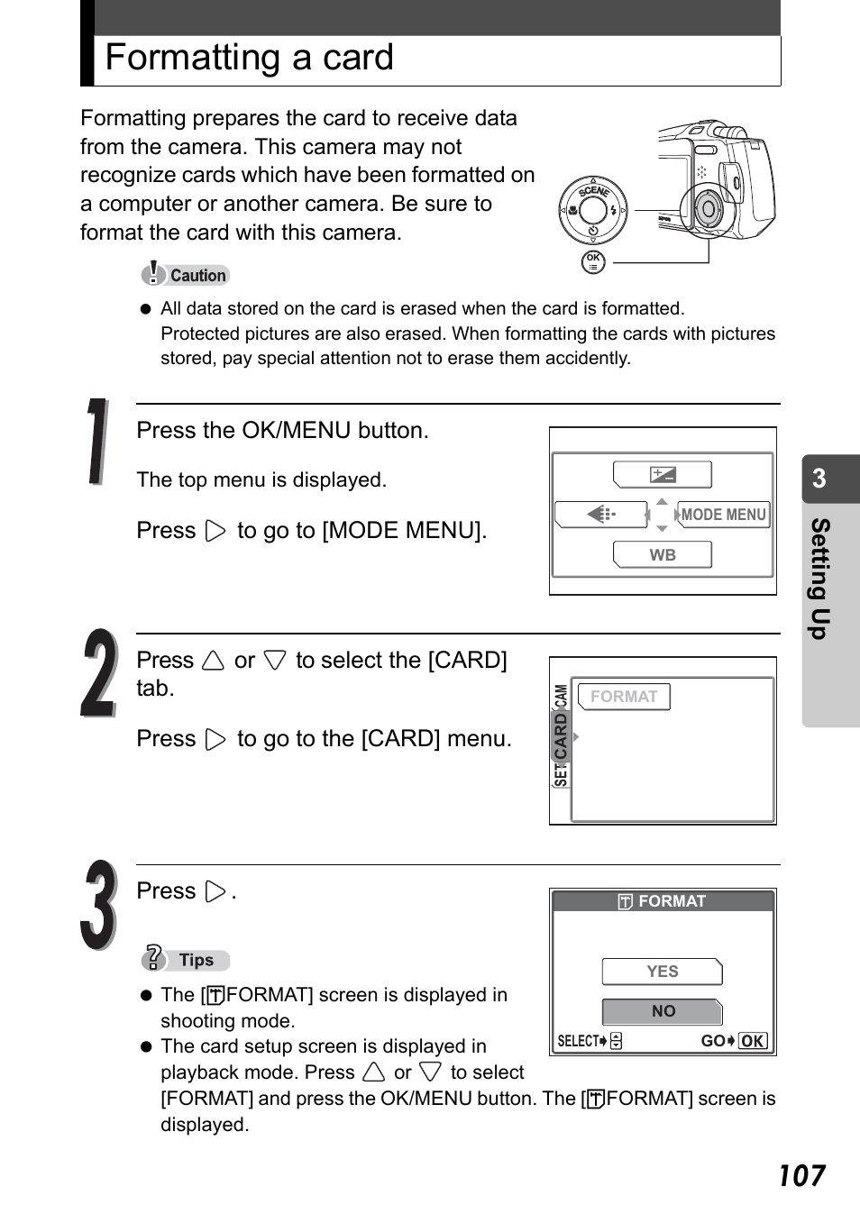 Formatting a card, Set ting up | Olympus Stylus Verve User Manual | Page 107 / 192