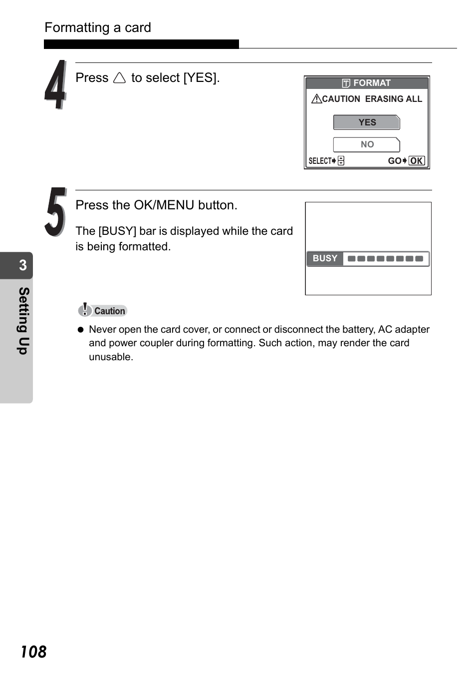 Formatting a card, Set ting up, Press to select [yes]. press the ok/menu button | Olympus Stylus Verve User Manual | Page 108 / 192