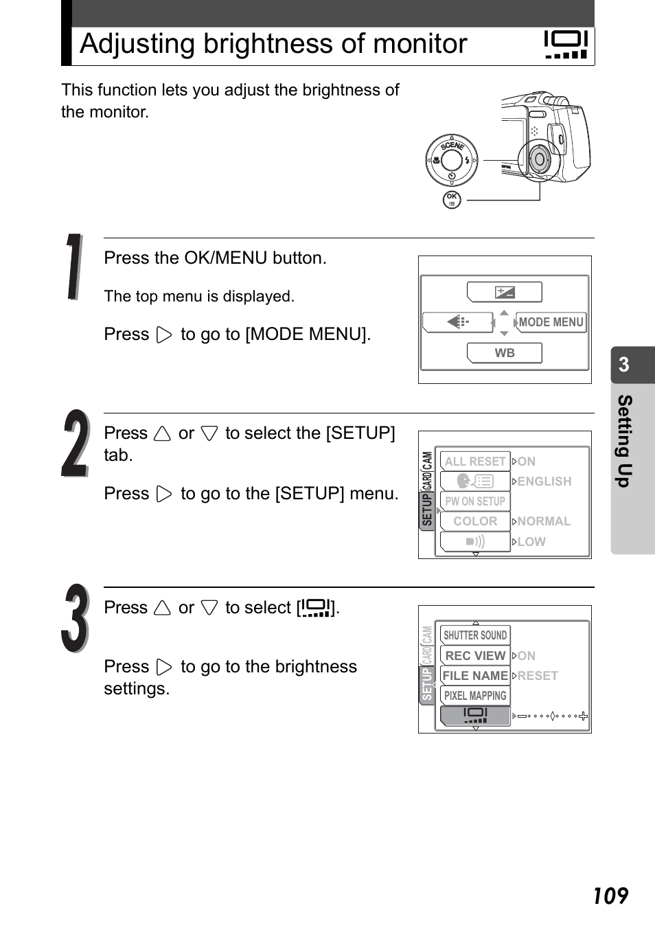 Adjusting brightness of monitor, Adjusting brightness of monitor s, Set ting up | Olympus Stylus Verve User Manual | Page 109 / 192