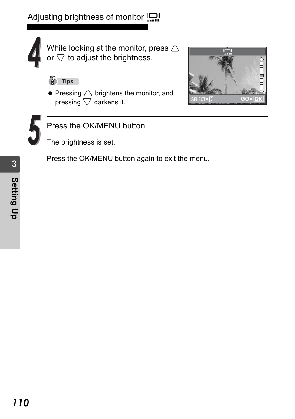 Adjusting brightness of monitor s, Set ting up | Olympus Stylus Verve User Manual | Page 110 / 192