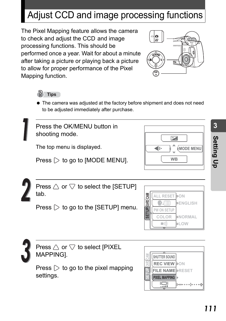 Adjust ccd and image processing functions, Set ting up, Press the ok/menu button in shooting mode | Olympus Stylus Verve User Manual | Page 111 / 192