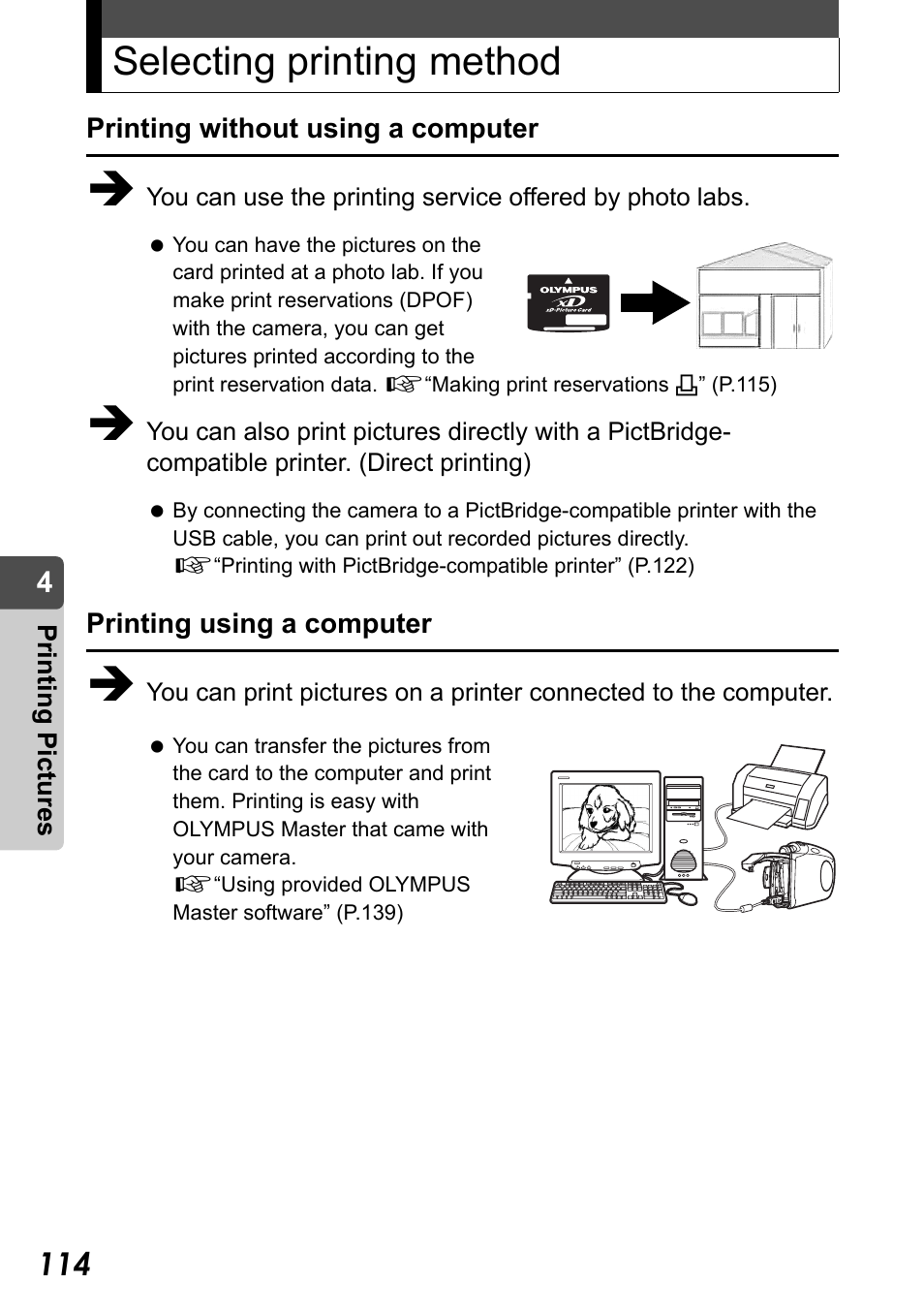 Selecting printing method | Olympus Stylus Verve User Manual | Page 114 / 192