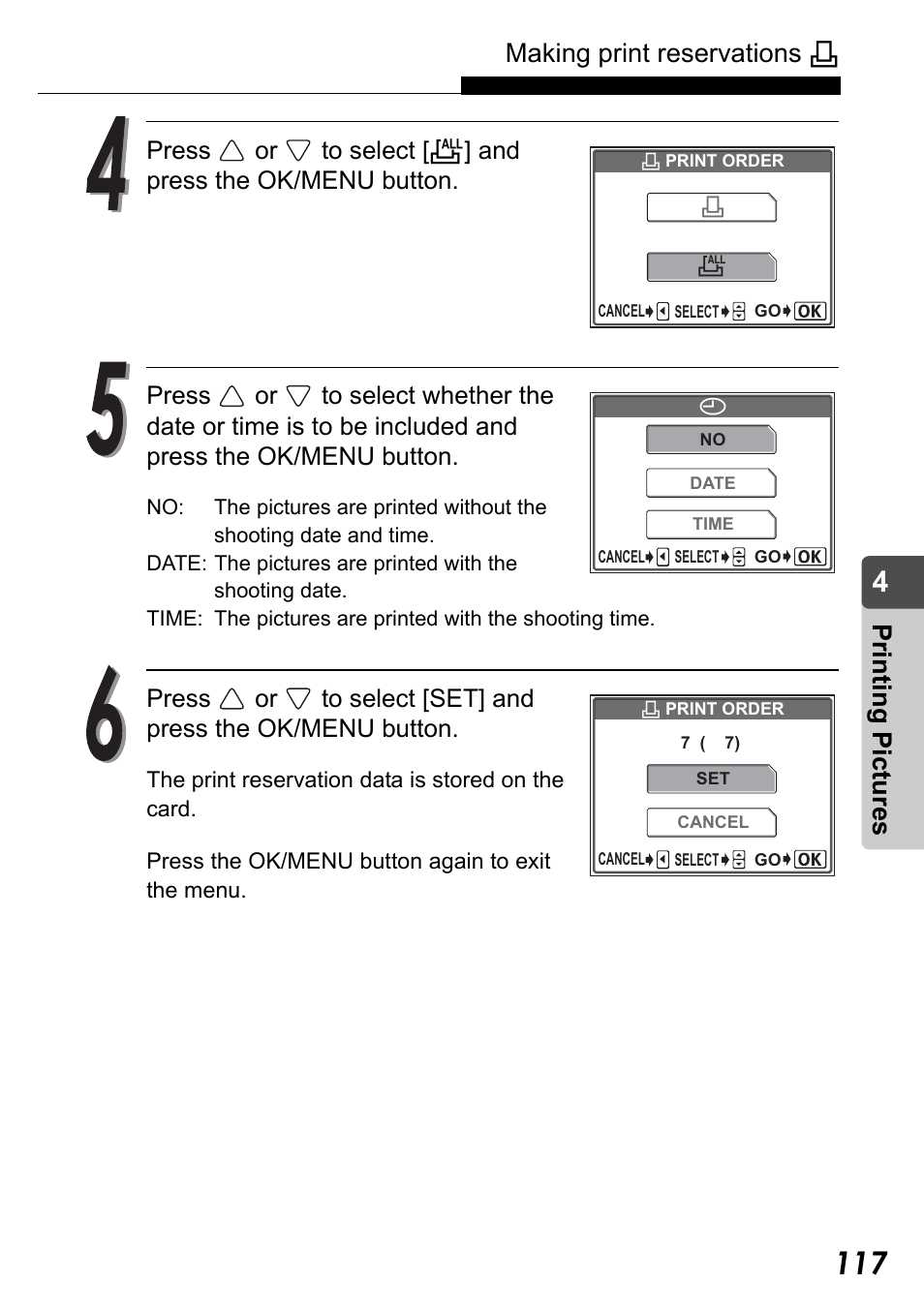 Making print reservations, Pr in ting pic tu res | Olympus Stylus Verve User Manual | Page 117 / 192