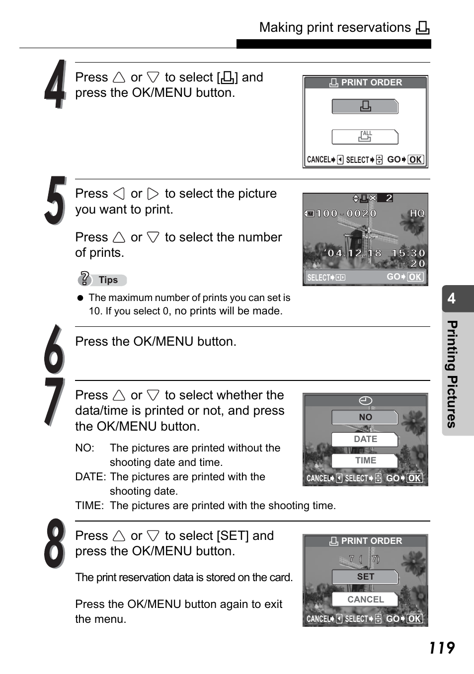 Making print reservations, Pr in ting pic tu res | Olympus Stylus Verve User Manual | Page 119 / 192