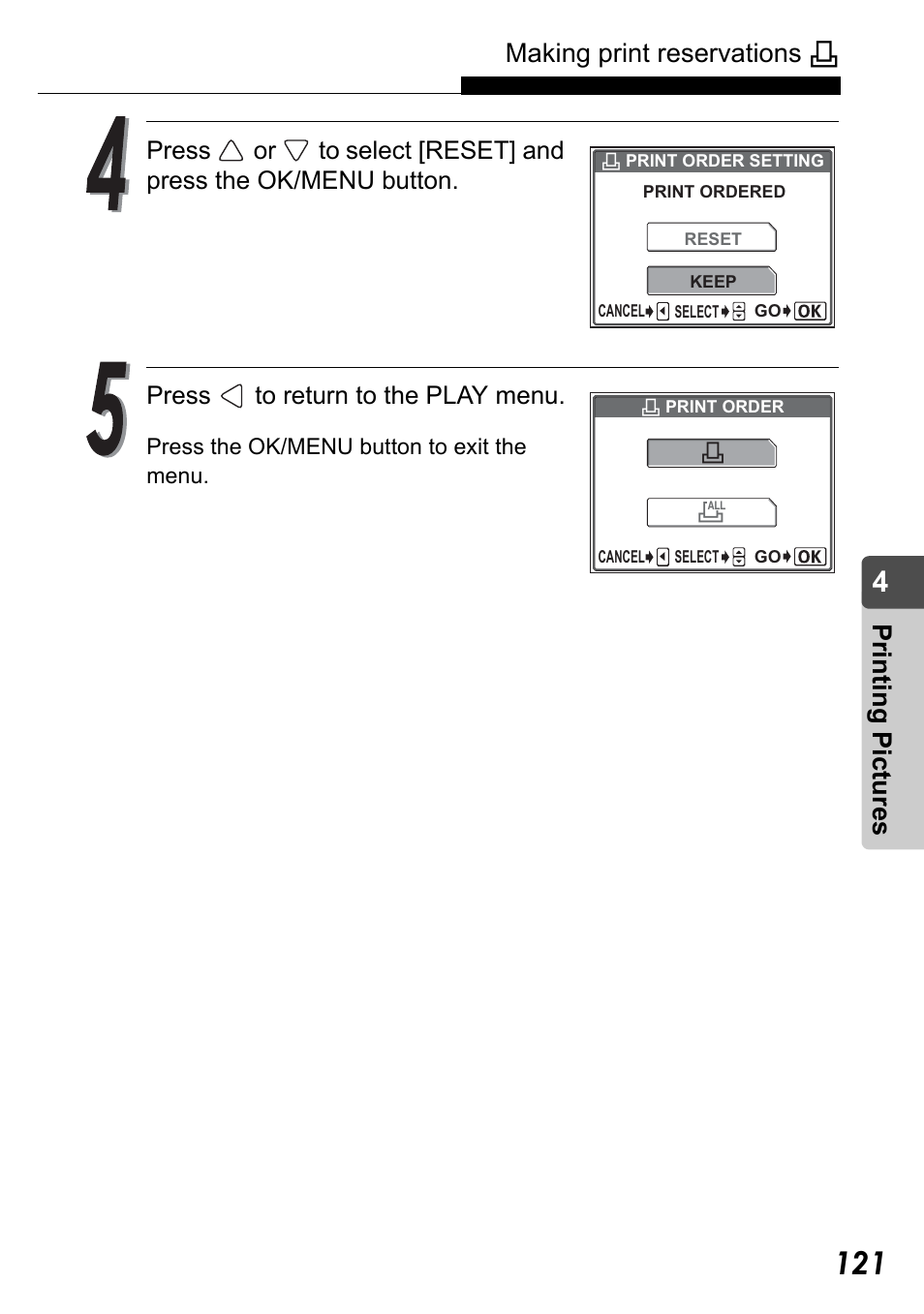 Making print reservations, Pr in ting pic tu res | Olympus Stylus Verve User Manual | Page 121 / 192