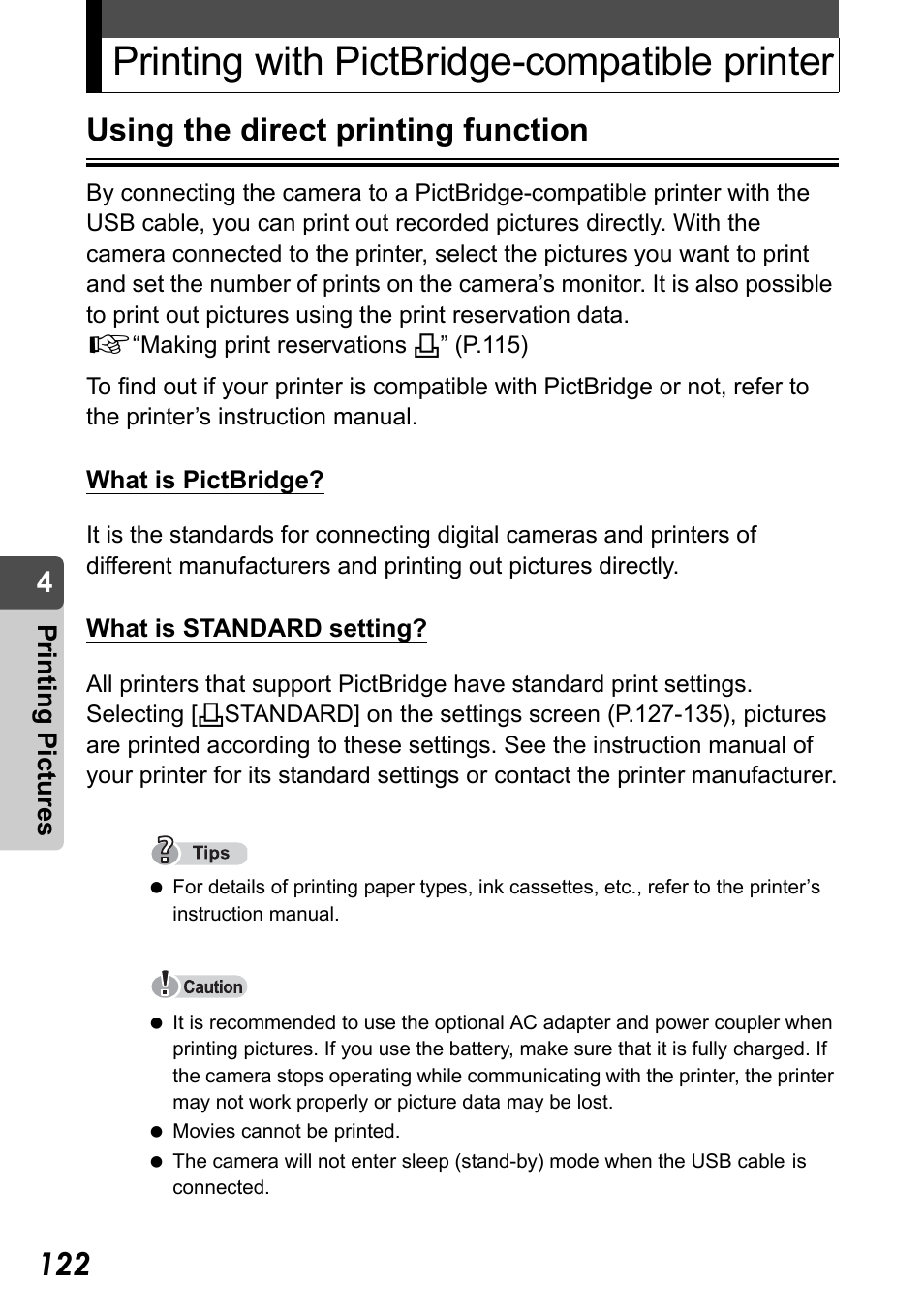 Printing with pictbridge-compatible printer, Using the direct printing function | Olympus Stylus Verve User Manual | Page 122 / 192