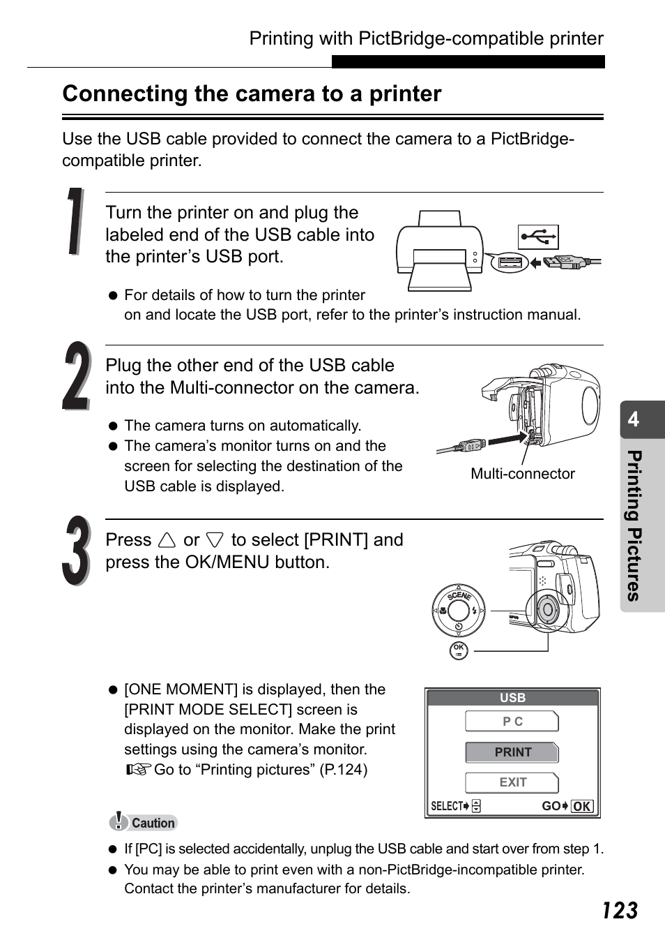 Connecting the camera to a printer, Printing with pictbridge-compatible printer, Pr in ting pic tu res | Olympus Stylus Verve User Manual | Page 123 / 192