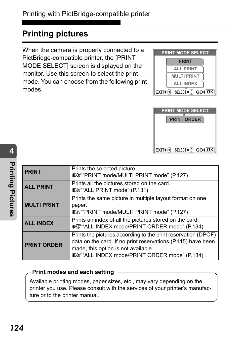 Printing pictures, Printing with pictbridge-compatible printer, Pr in ting pic tu res | Olympus Stylus Verve User Manual | Page 124 / 192